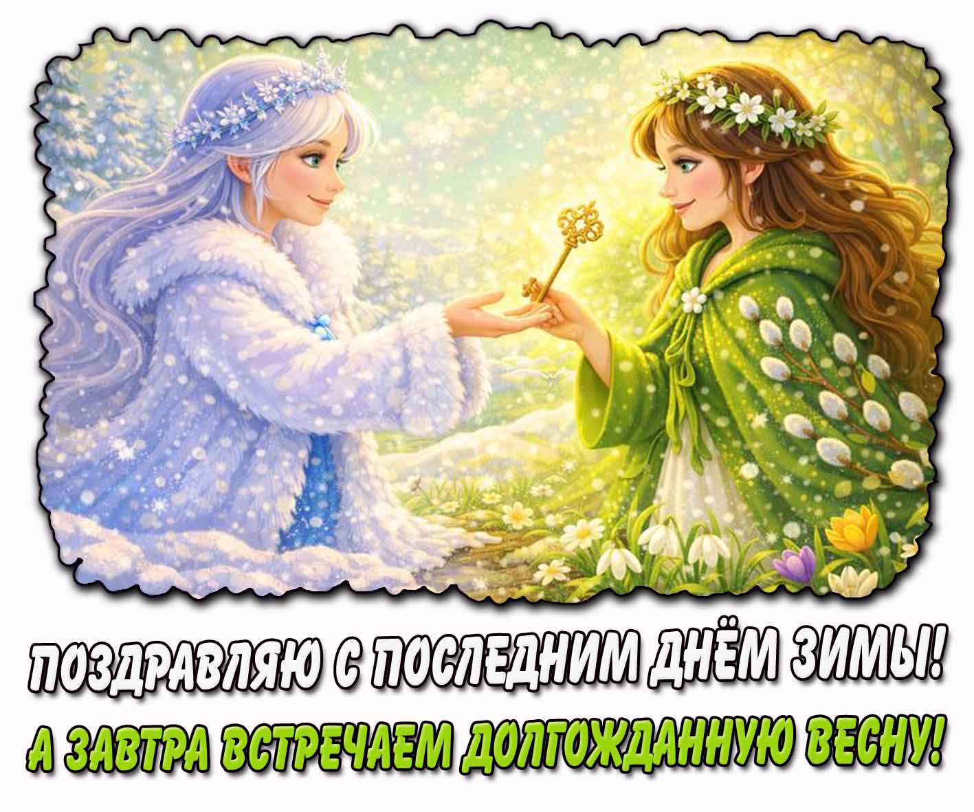 Открытка "Поздравляю с последним днём зимы! А завтра встречаем долгожданную весну!"