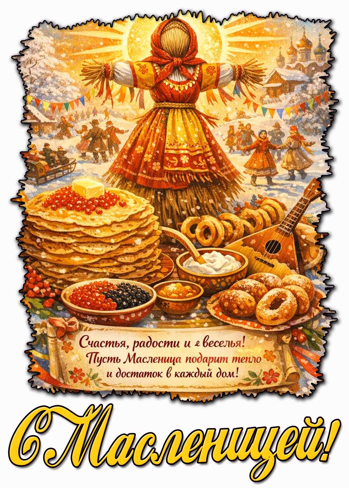 Открытка "С Масленицей! Счастья, радости и веселья! Пусть Масленица подарит тепло и достаток в каждый дом!"