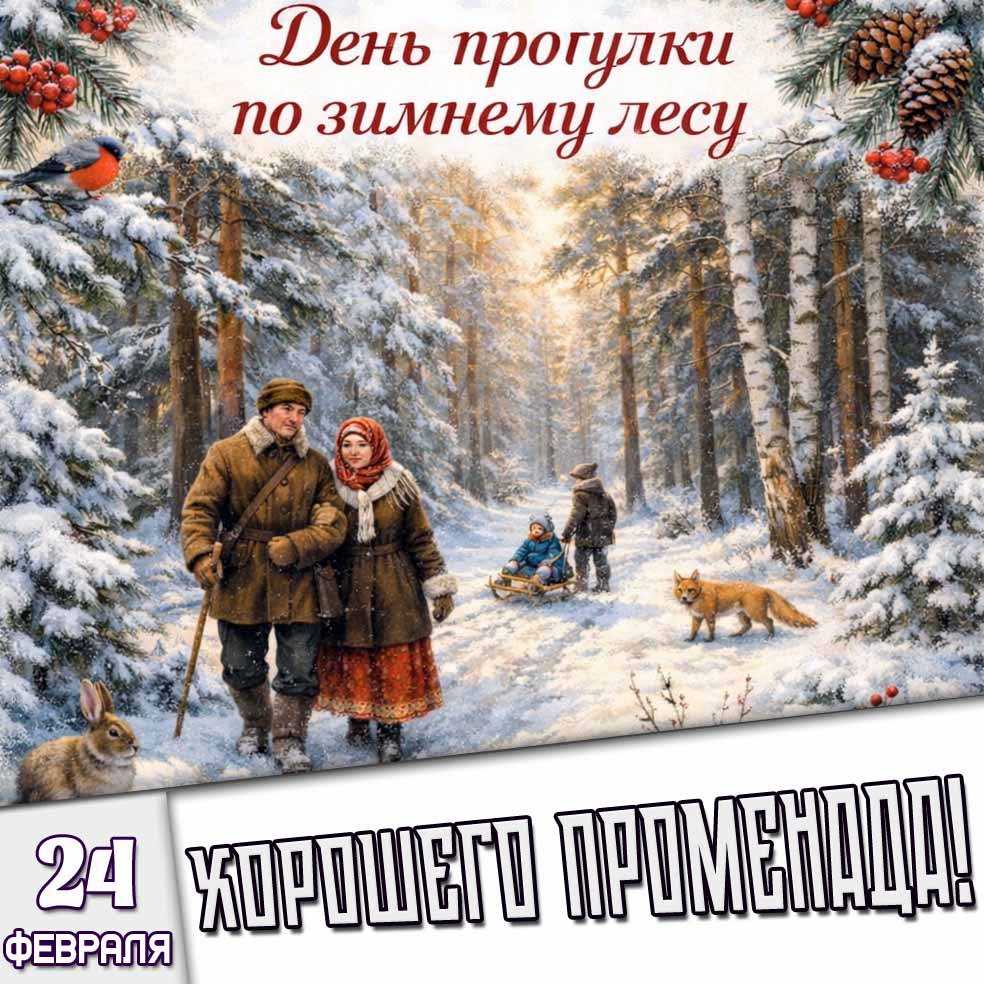 Картинка "24 февраля - день прогулки по зимнему лесу! Хорошего променада!"