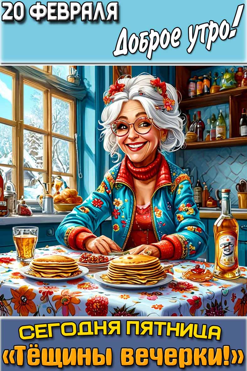 Открытка "20 февраля доброе утро! Сегодня пятница - «Тёщины вечерки!»"