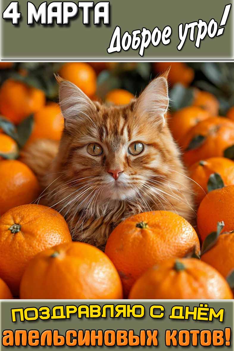Открытка "4 марта доброе утро! Поздравляю с днём апельсиновых котов!"