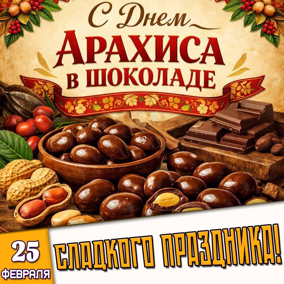 Открытка "25 февраля - с днём арахиса в шоколаде! Сладкого праздника!"