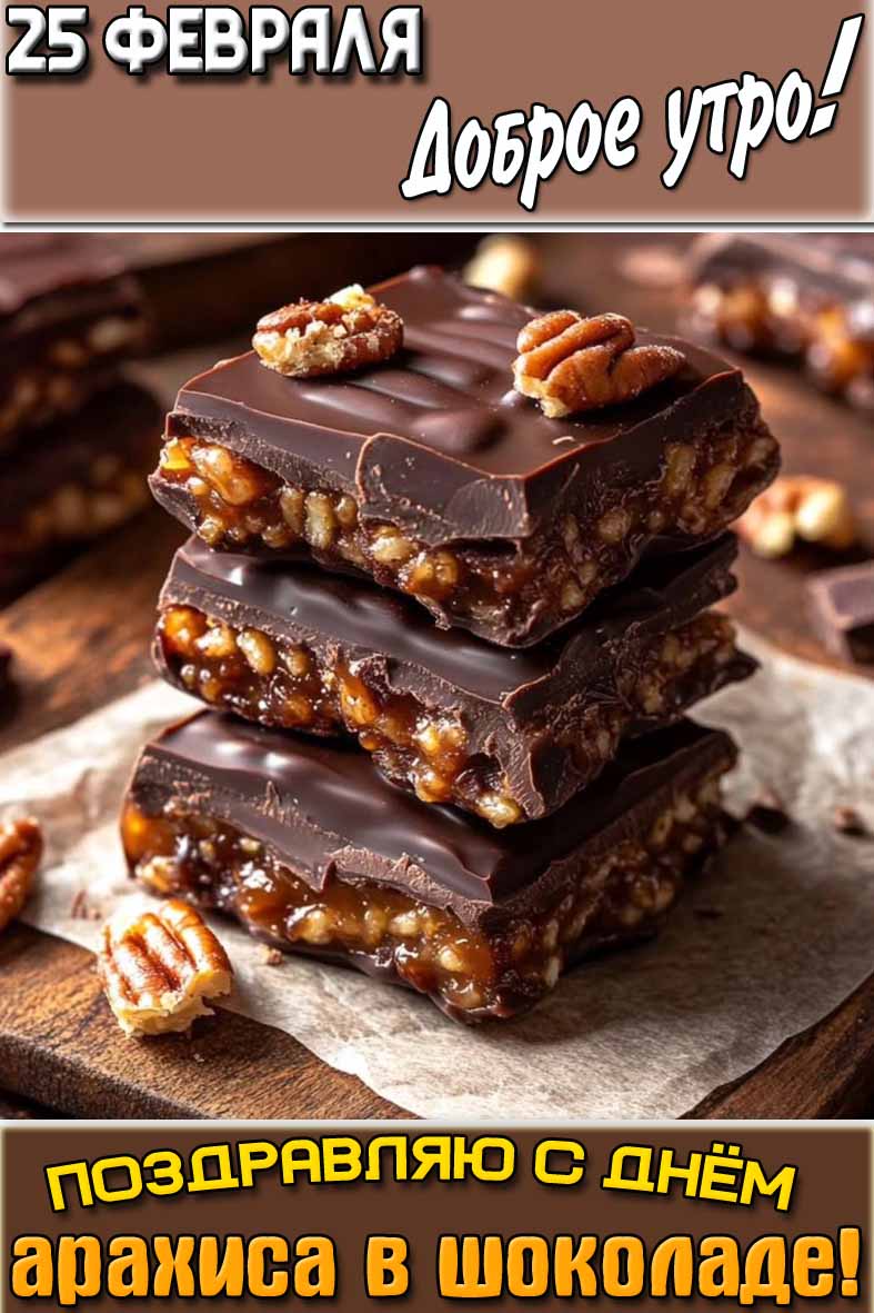 Открытка "25 февраля доброе утро! Поздравляю с днём арахиса в шоколаде!"