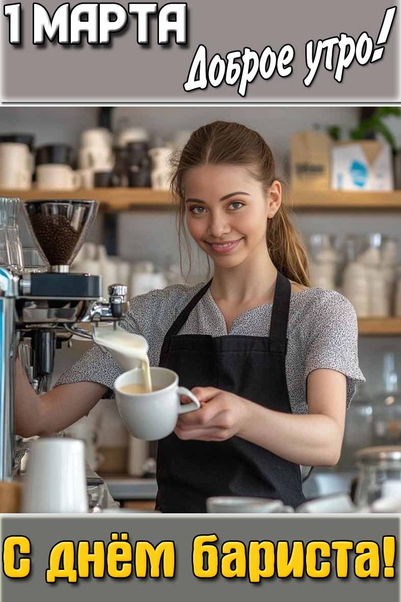 Открытка "1 марта доброе утро! С днём бариста!"