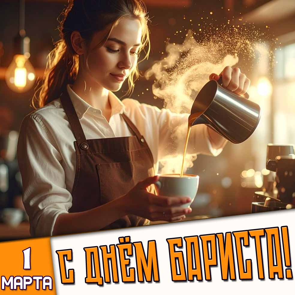 Открытка 1 марта - с днём бариста!