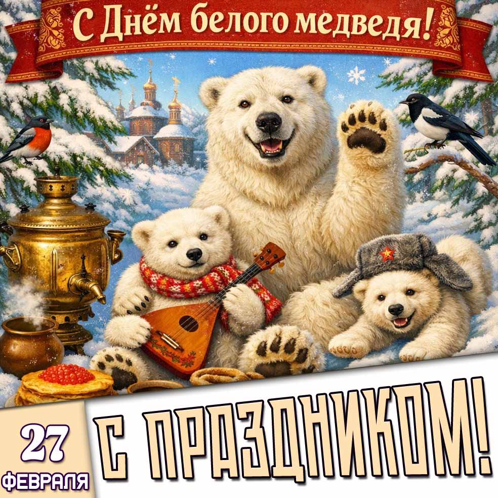 Открытка "27 февраля - с днём белого медведя! С праздником!"