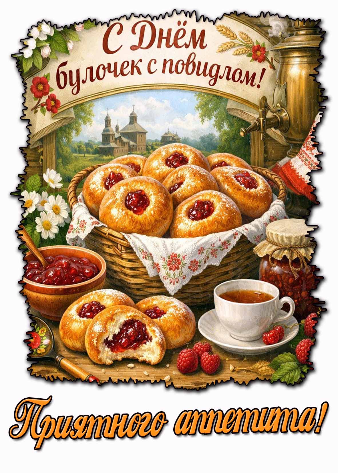 Открытка "С днём булочек с повидлом! Приятного аппетита!"