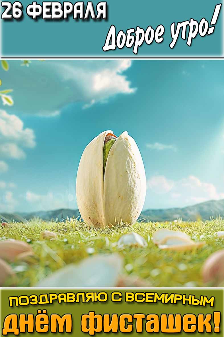 Открытка "26 февраля доброе утро! Поздравляю с Всемирным днём фисташек!"