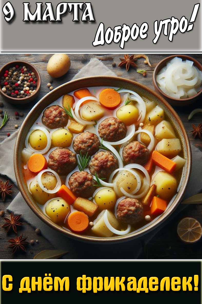 Открытка "9 марта доброе утро! С днём фрикаделек!"
