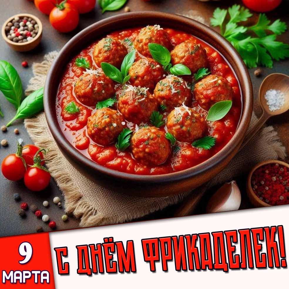 Открытка 9 марта - с днём фрикаделек!