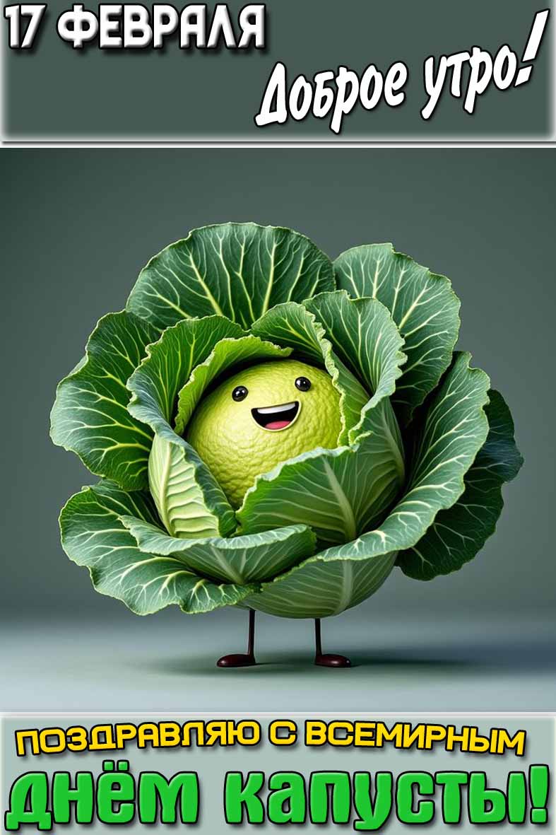Открытка "17 февраля доброе утро! Поздравляю с Всемирным днём капусты!"