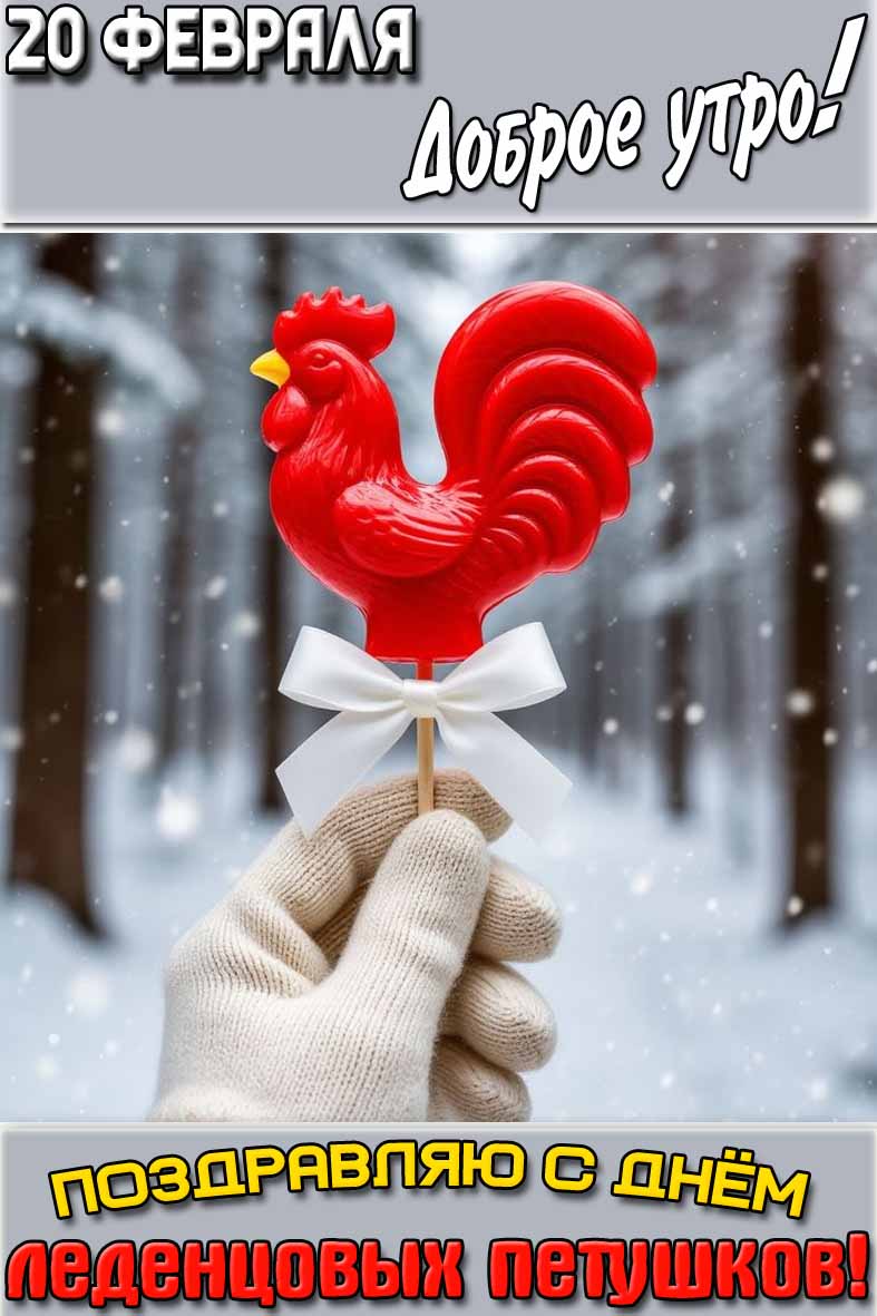 Открытка "20 февраля доброе утро! Поздравляю с днём леденцовых петушков!"