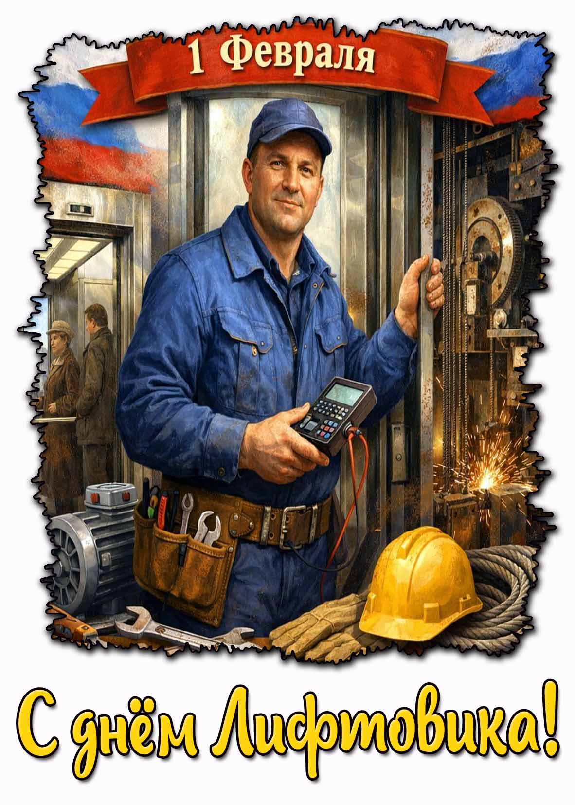 Патриотическая открытка 1 февраля - с днём лифтовика!