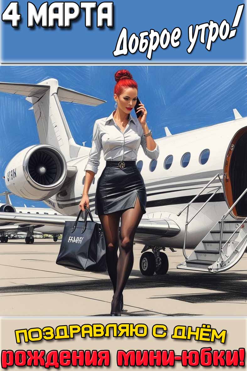Открытка "4 марта доброе утро! Поздравляю с днём рождения мини-юбки!"