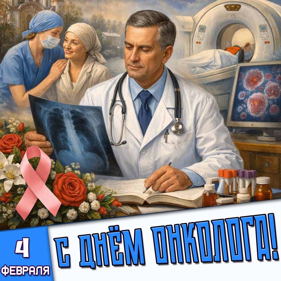 Красивая и стильная открытка с врачом с рентгеном в руках, цветами и розовой ленточкой, чтобы поздравить с праздником 4 февраля : С днём онколога! Открытка с днём онколога! - 4 февраля