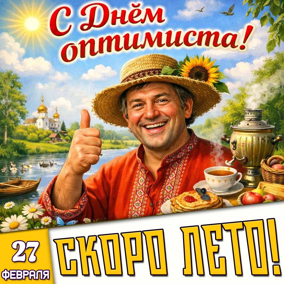 Открытка "27 февраля - с днём оптимиста! Скоро лето!"