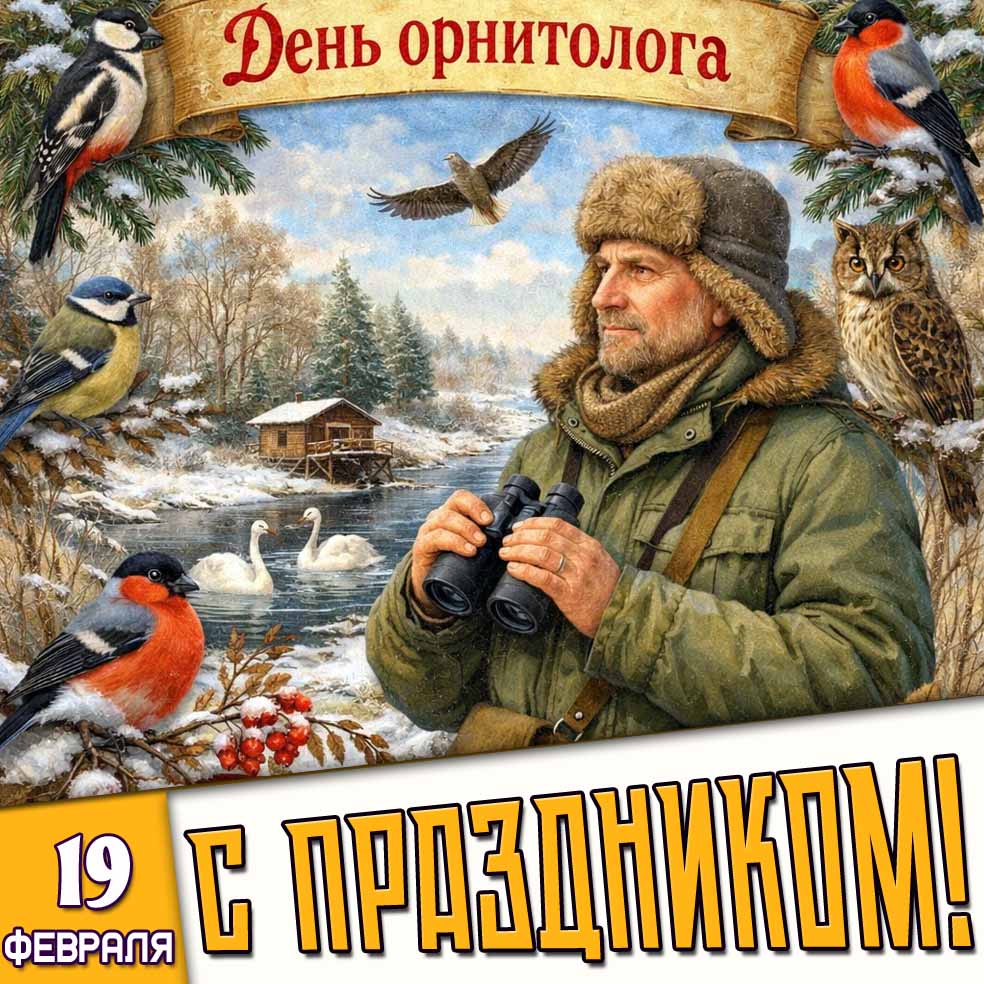 Открытка "19 февраля - день орнитолога! С праздником!"