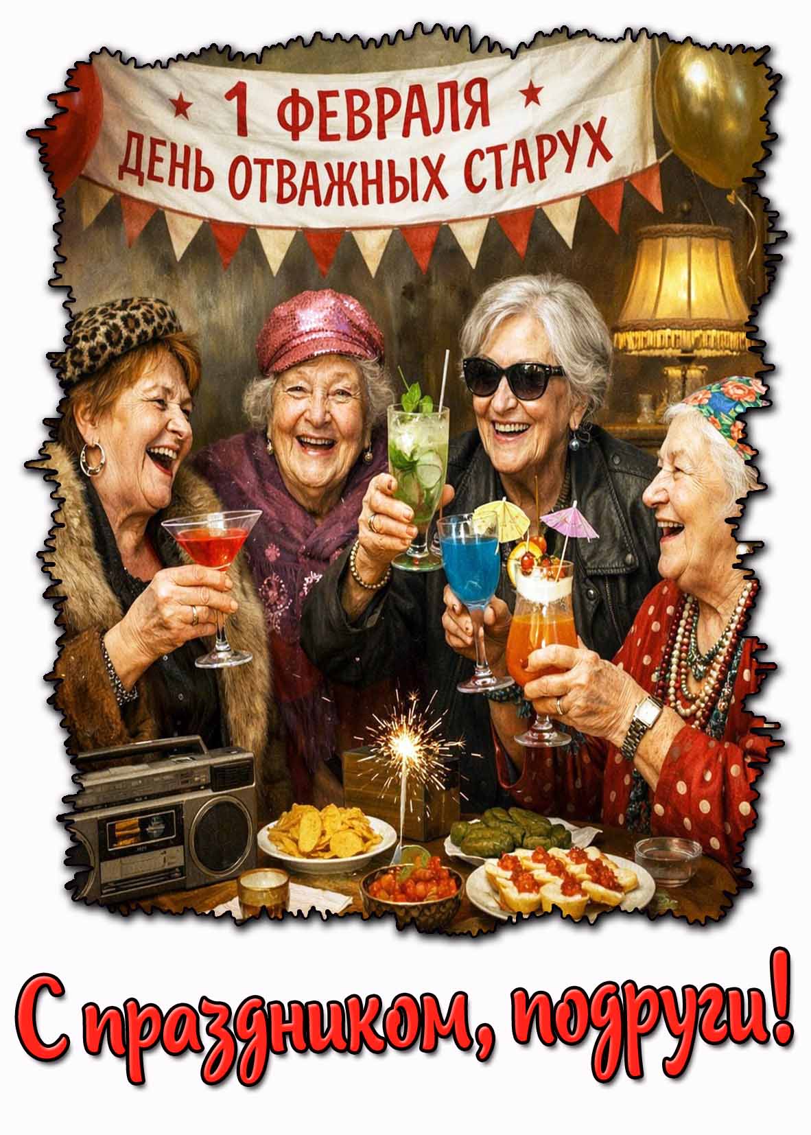 Открытка "1 февраля - день отважных старух! С праздником, подруги!"