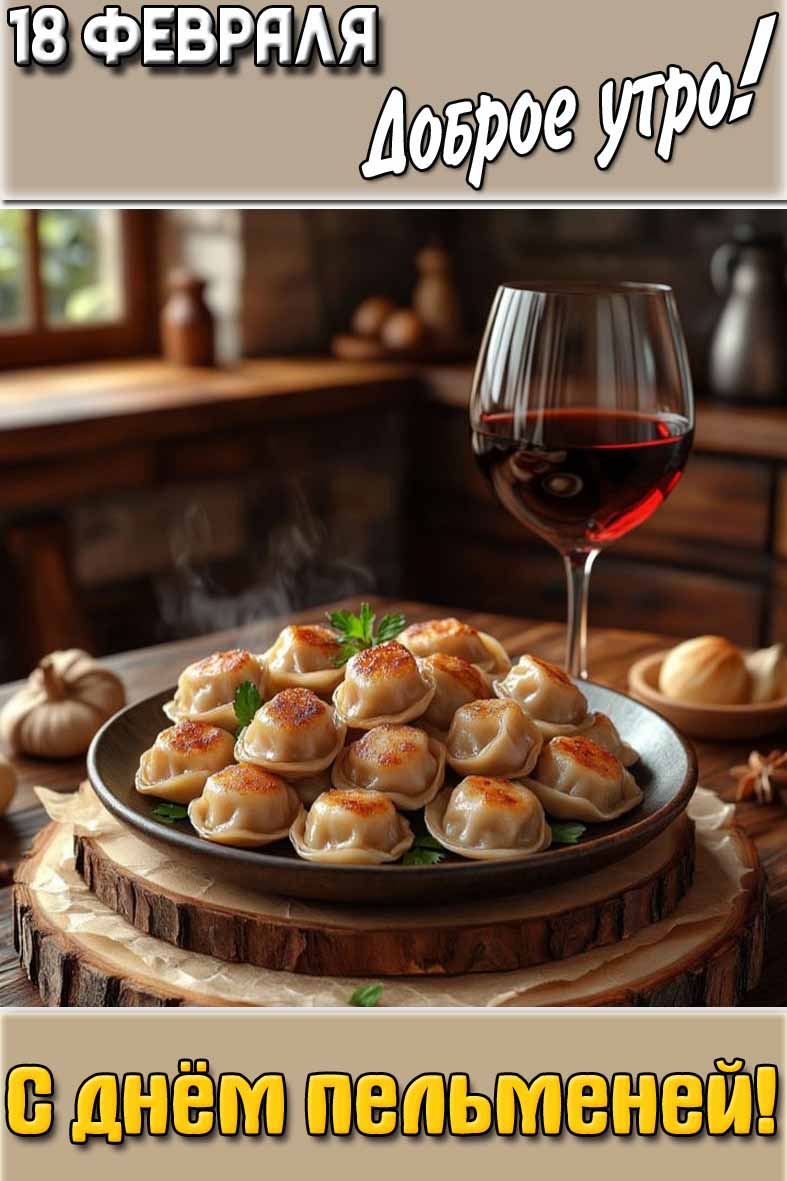 Открытка "18 февраля доброе утро! С днём пельменей!"