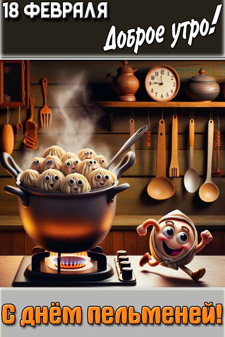 Прикольная картинка "18 февраля доброе утро! С днём пельменей!"