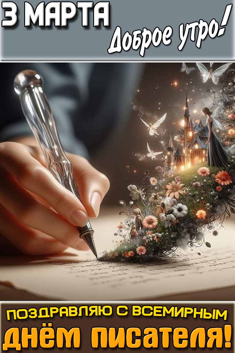 Открытка "3 марта доброе утро! Поздравляю с Всемирным днём писателя!"