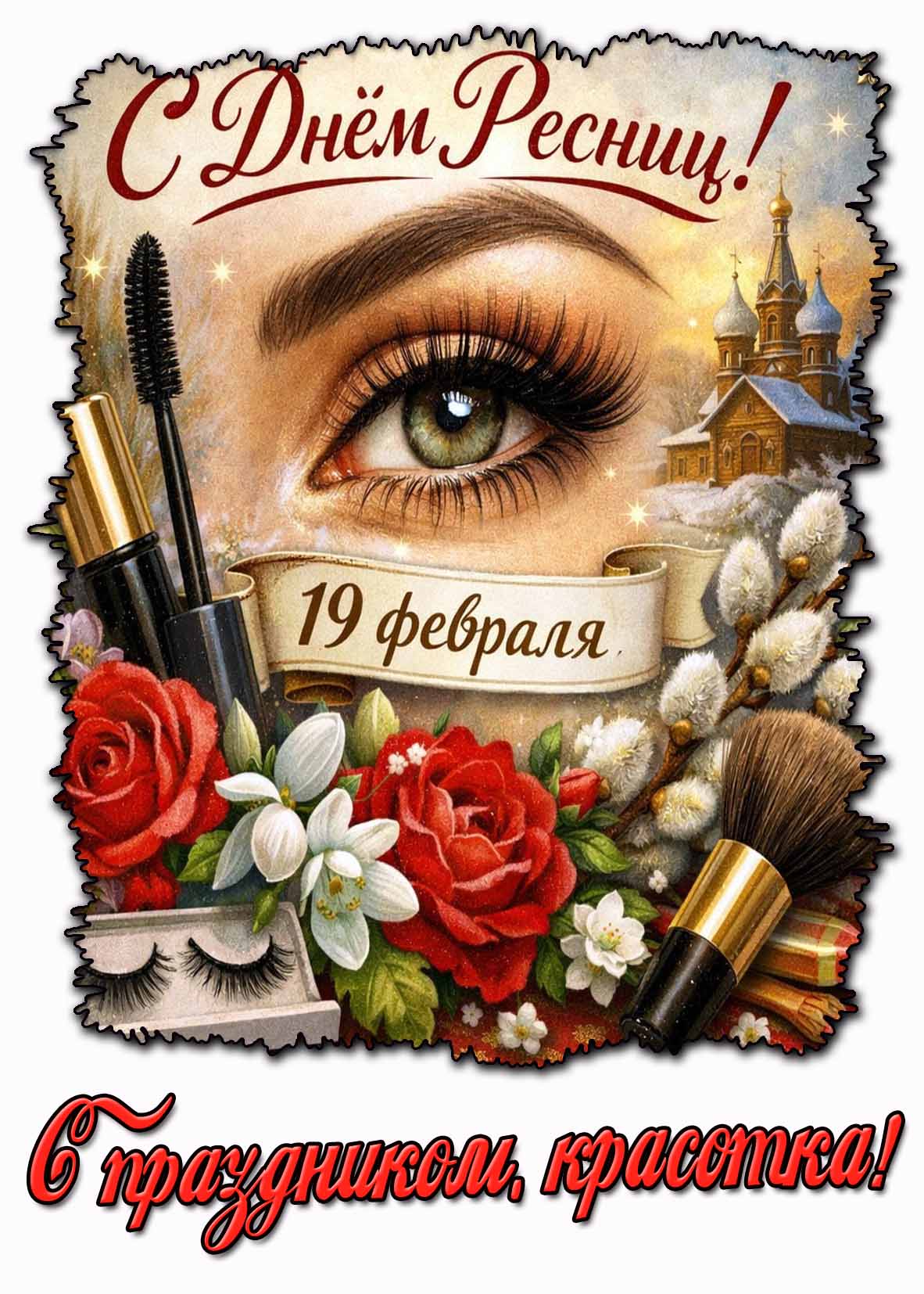 Красивая открытка "С днём ресниц! С праздником, красотка!" - 19 февраля