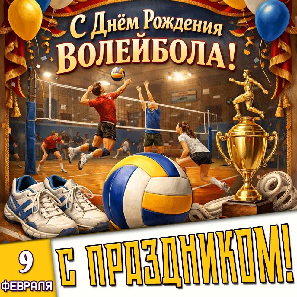 Открытка "С праздником! С днём рождения волейбола!" - 9 февраля