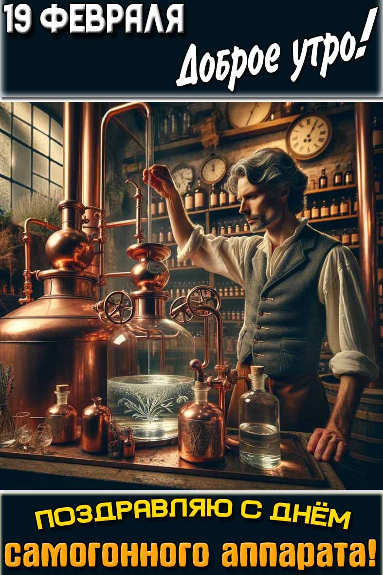 Открытка "19 февраля доброе утро! Поздравляю с днём самогонного аппарата!"