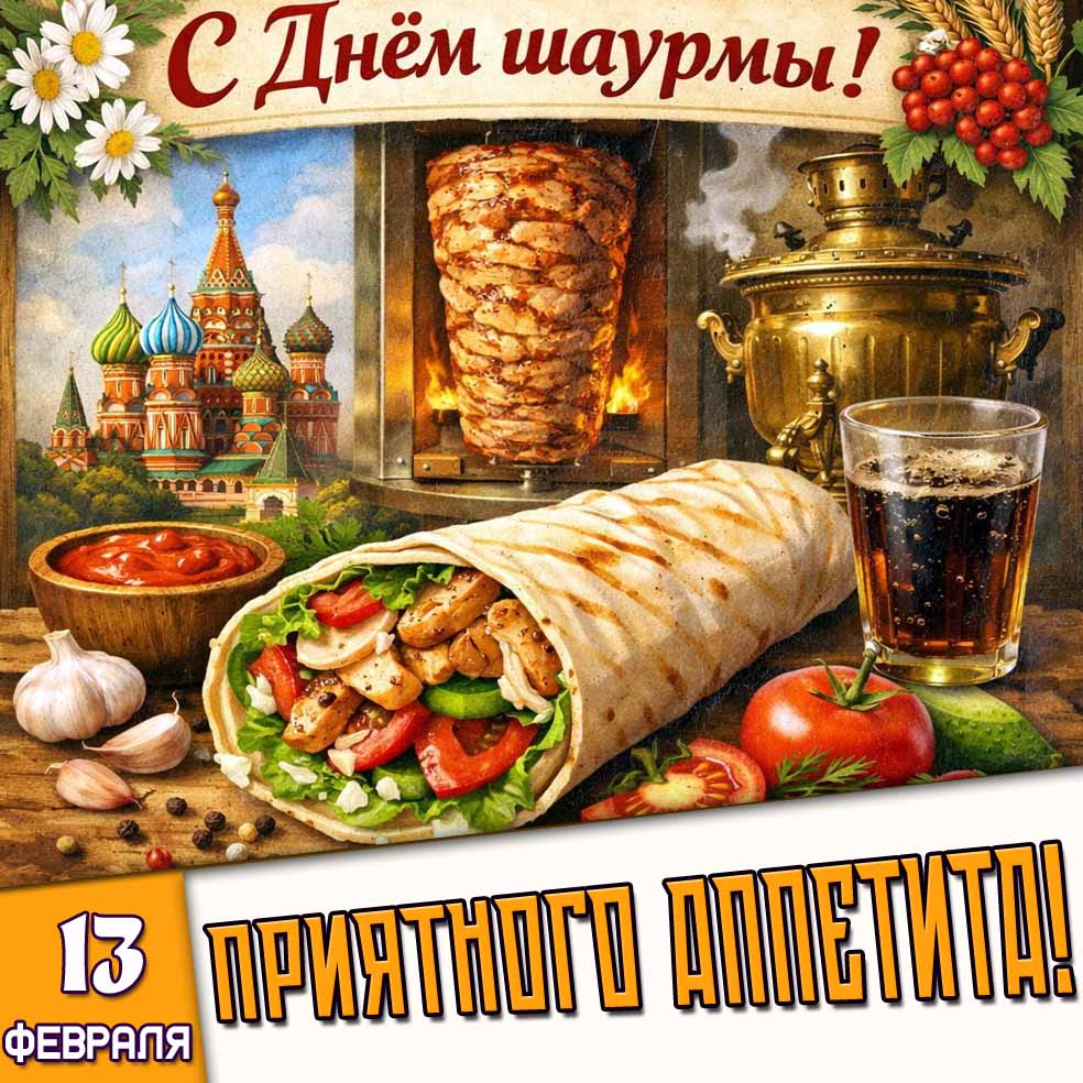 Открытка "13 февраля - с днём шаурмы! Приятного аппетита!"