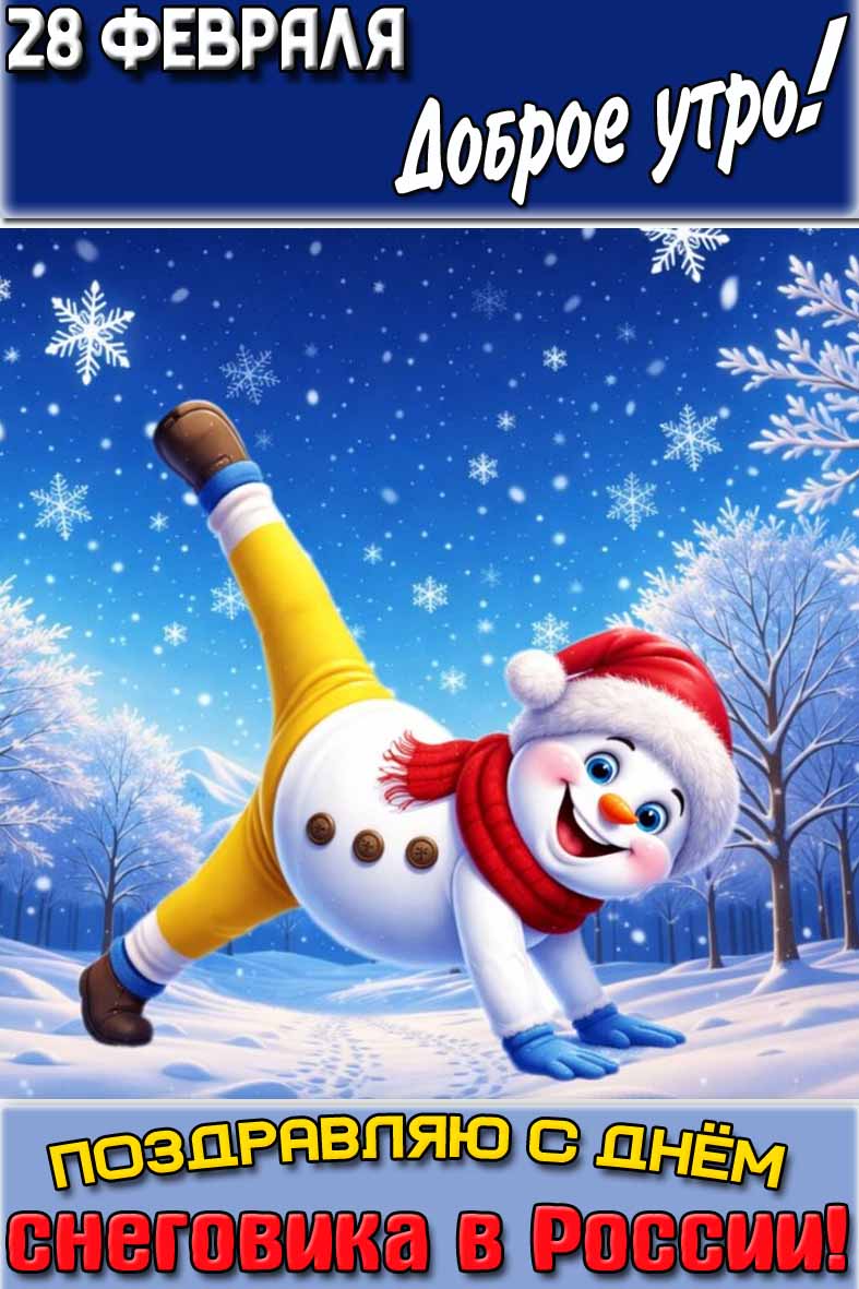 Открытка "28 февраля доброе утро! Поздравляю с днём снеговика в России!"