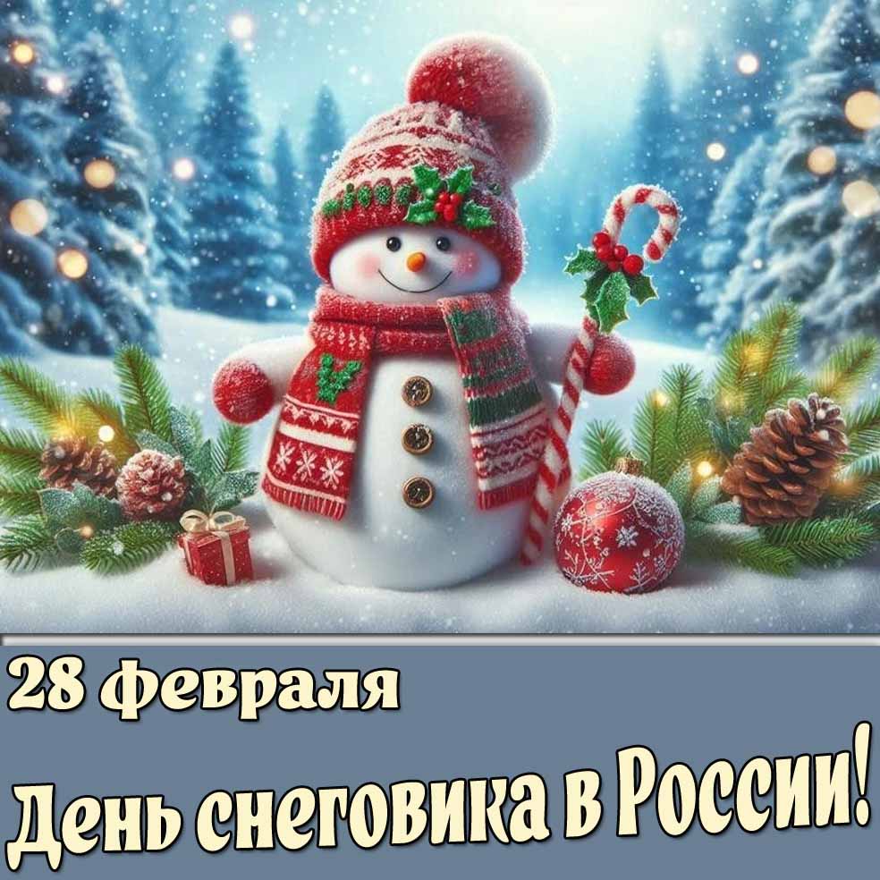 Открытка 28 февраля - день снеговика в России!
