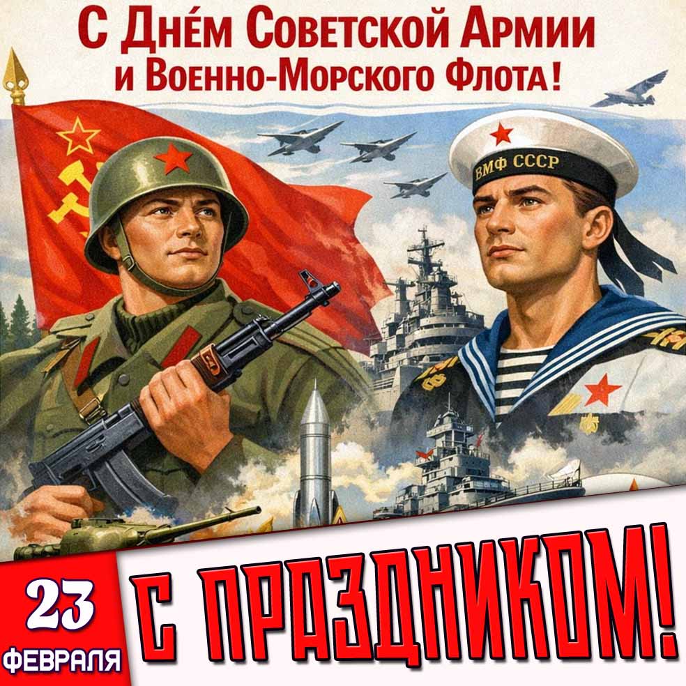 Открытка "23 февраля - С днём Советской Армии и Военно-Морского флота! С праздником!"