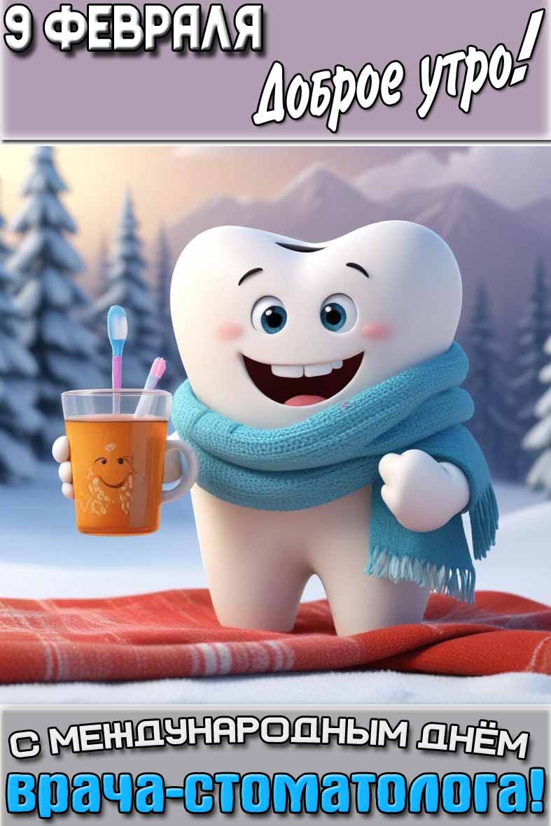 Открытка "9 февраля доброе утро! С международным днём стоматолога!"