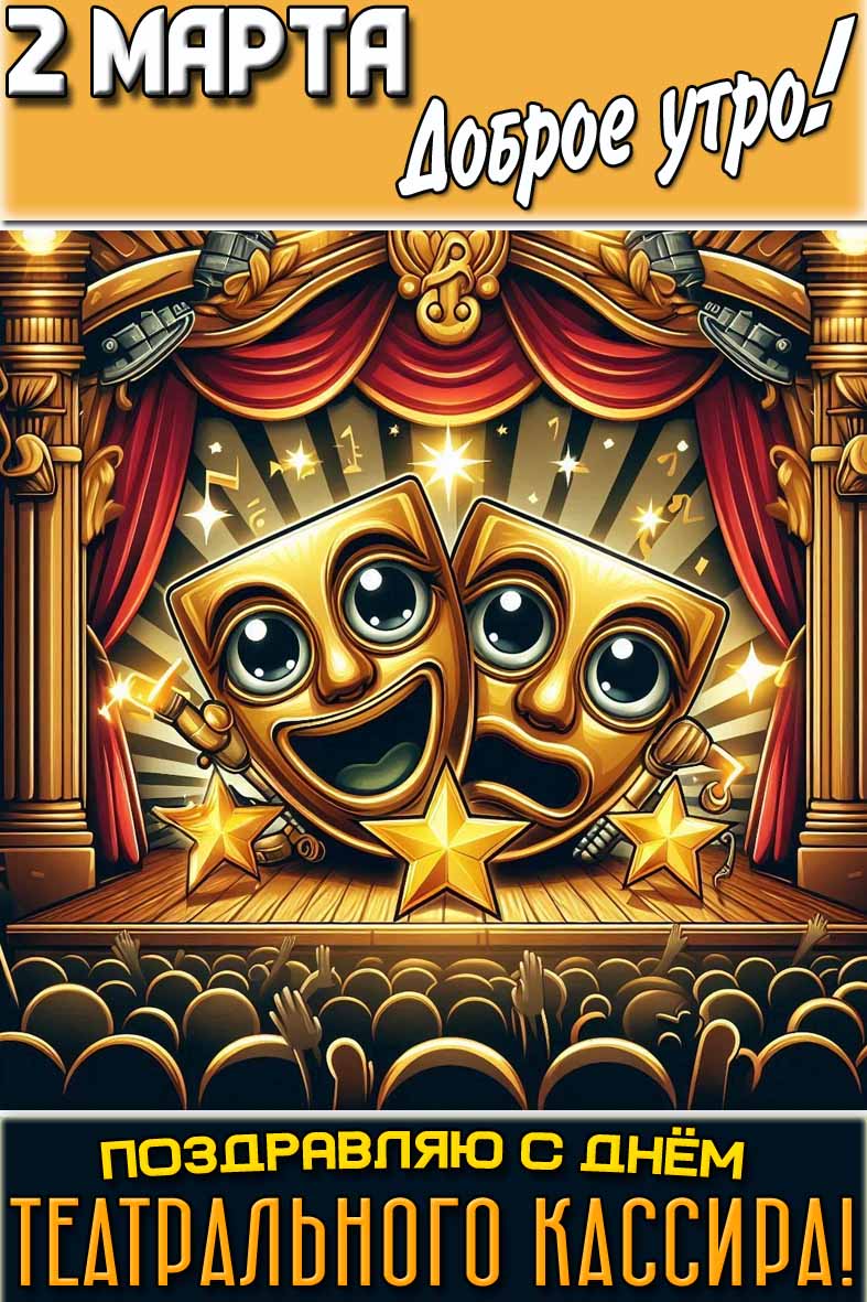 Открытка "2 марта доброе утро! Поздравляю с днём театрального кассира!"