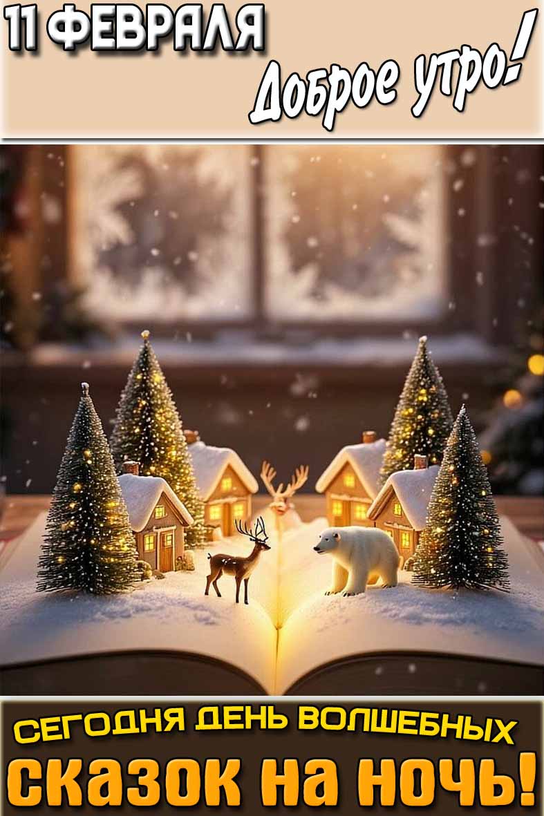 Зимняя открытка "11 февраля доброе утро! Сегодня день волшебных сказок на ночь!"