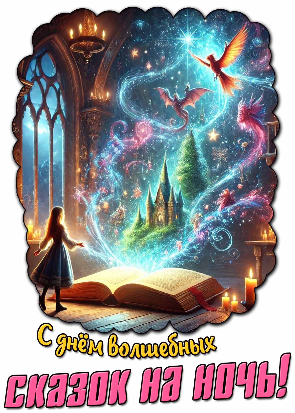 С днём волшебных сказок на ночь! - открытка для девочки