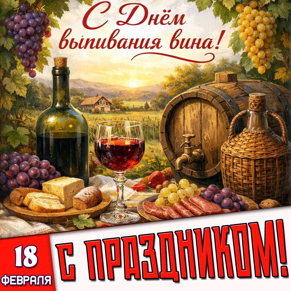 Открытка "18 февраля - С днём выпивания вина! С праздником!"