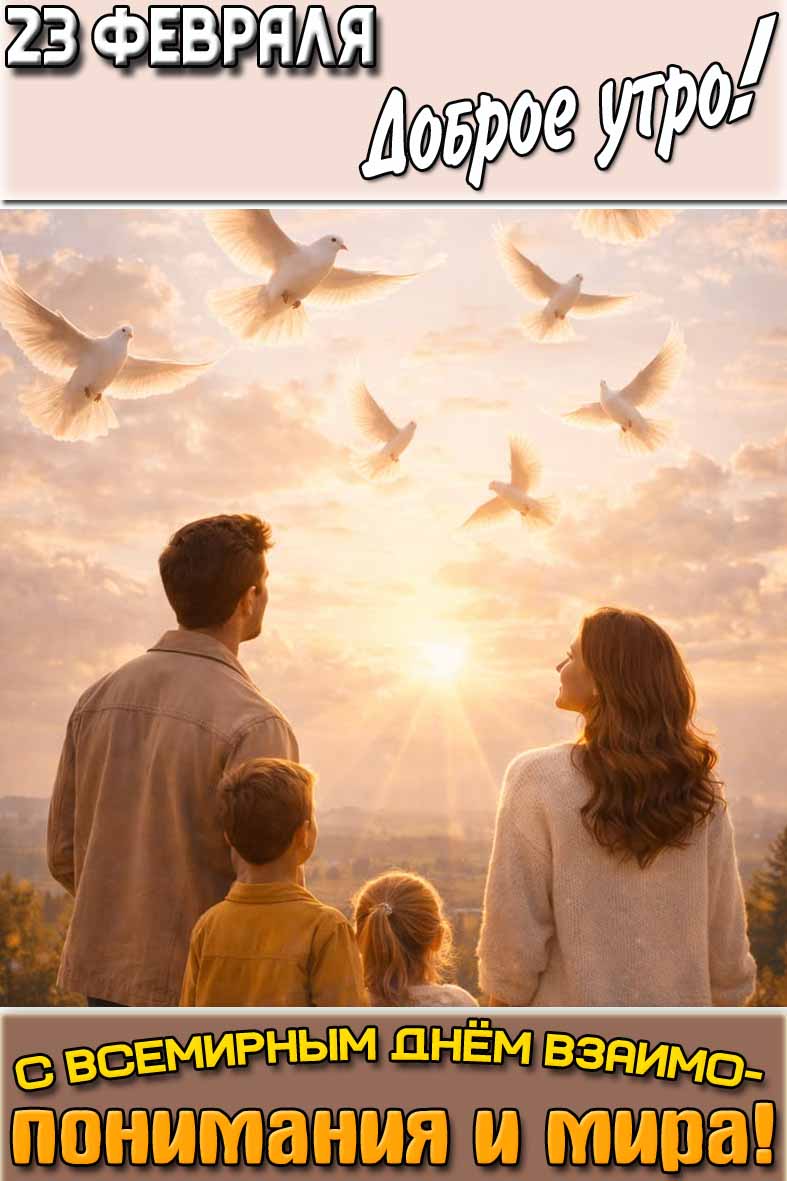 Открытка "23 февраля доброе утро! С Всемирным днём взаимопонимания и мира!"