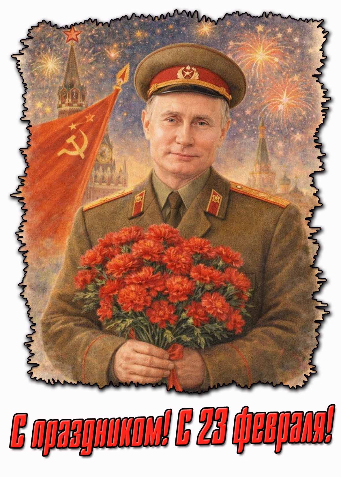 "С 23 февраля! С праздником!" - Советская открытка с Путиным