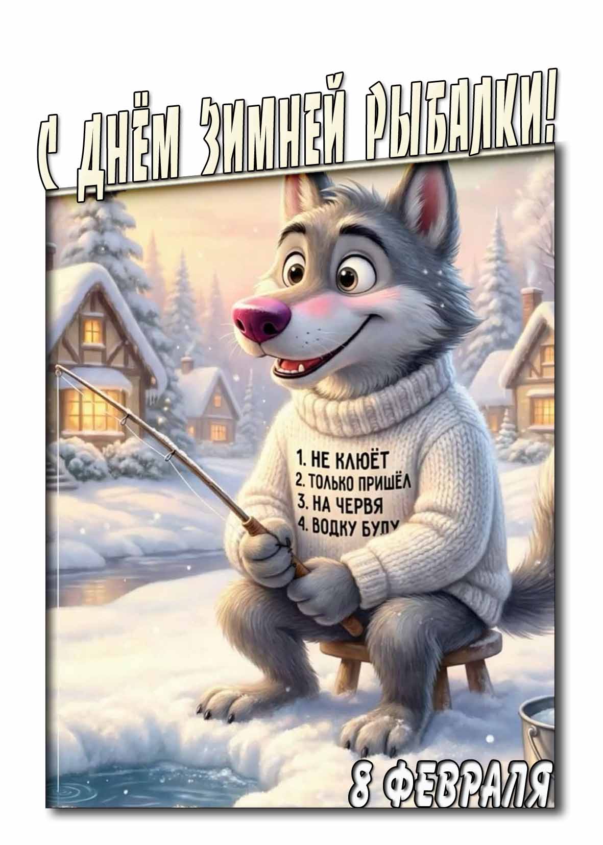 Прикольная открытка на день зимней рыбалки - 8 февраля