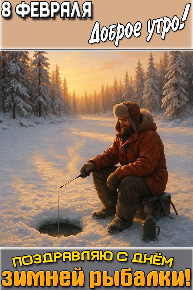 Открытка "8 февраля доброе утро! Поздравляю с днём зимней рыбалки!"