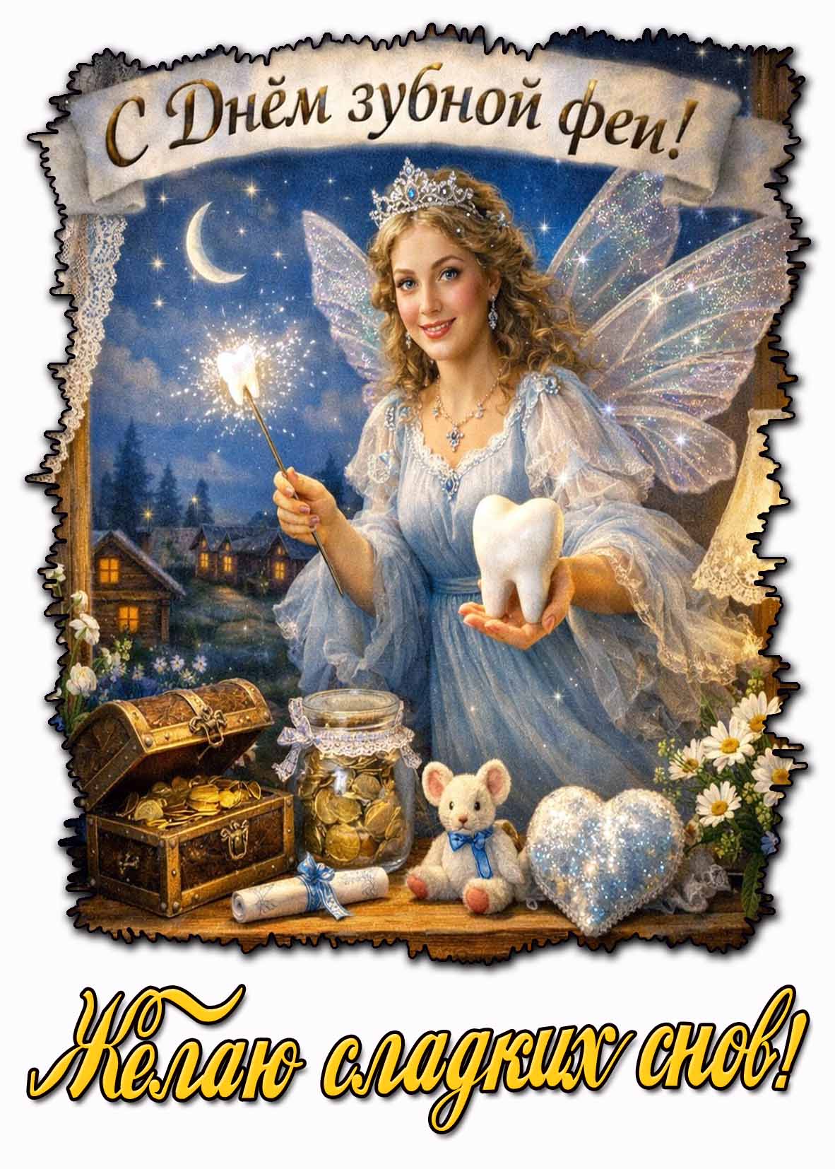 Открытка "С днём зубной феи! Желаю сладких снов!"