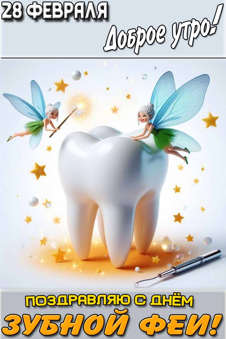 Открытка "28 февраля доброе утро! Поздравляю с днём зубной феи!"