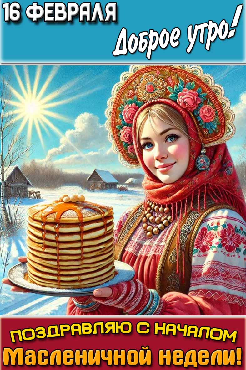 Открытка "16 февраля доброе утро! Поздравляю с началом масленичной недели!"