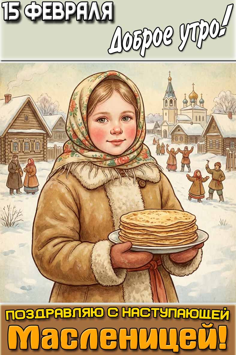 Открытка "15 февраля доброе утро! Поздравляю с наступающей Масленицей!"