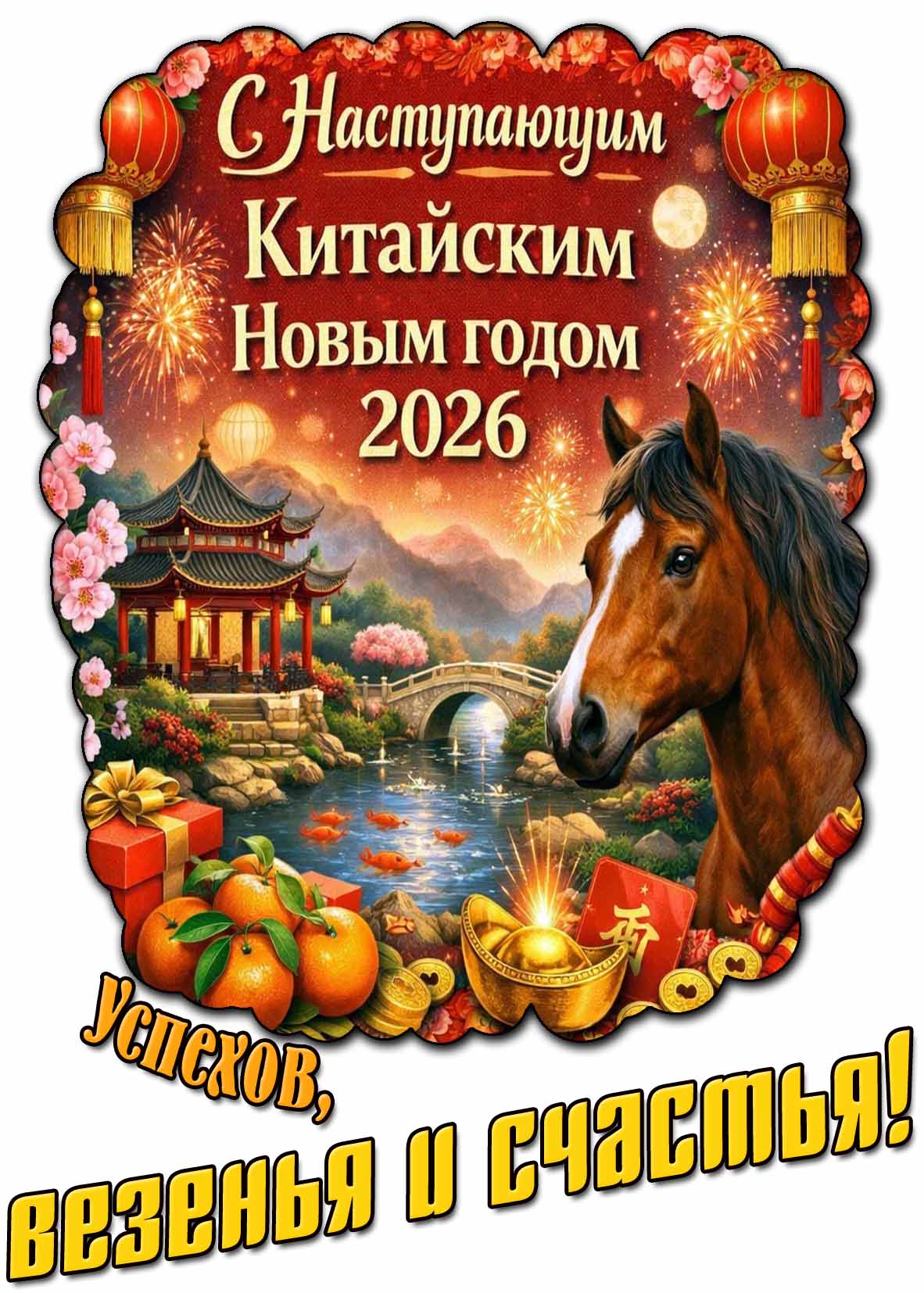 Открытка "С наступающим Китайским Новым годом 2026! Успехов, везенья и счастья!"