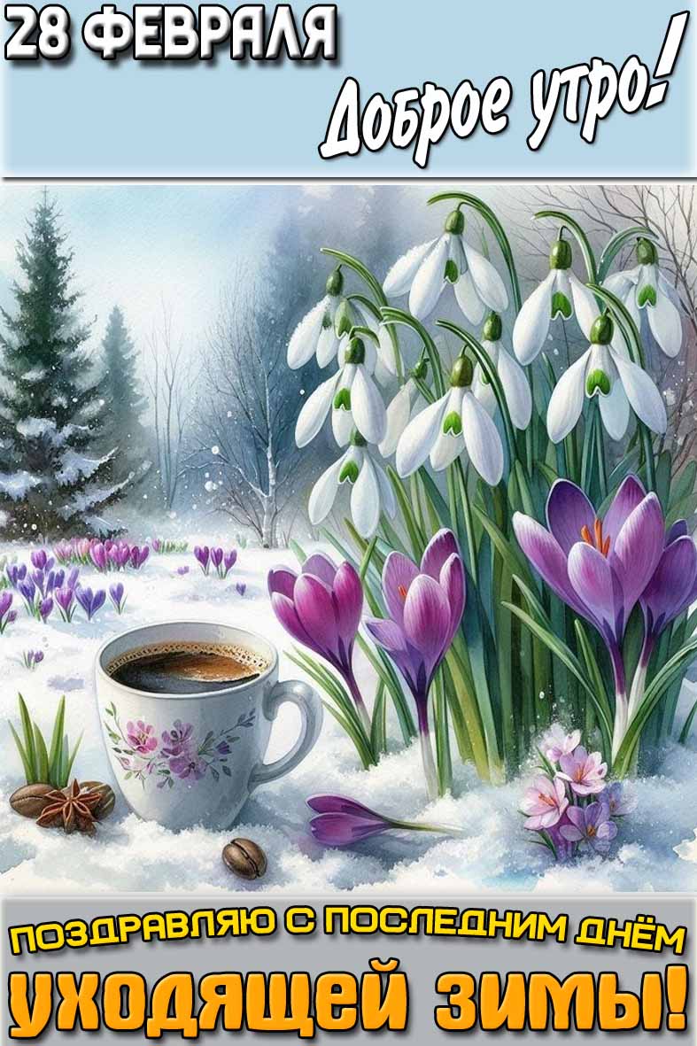 Открытка "28 февраля доброе утро! Поздравляю с последним днём уходящей зимы!"