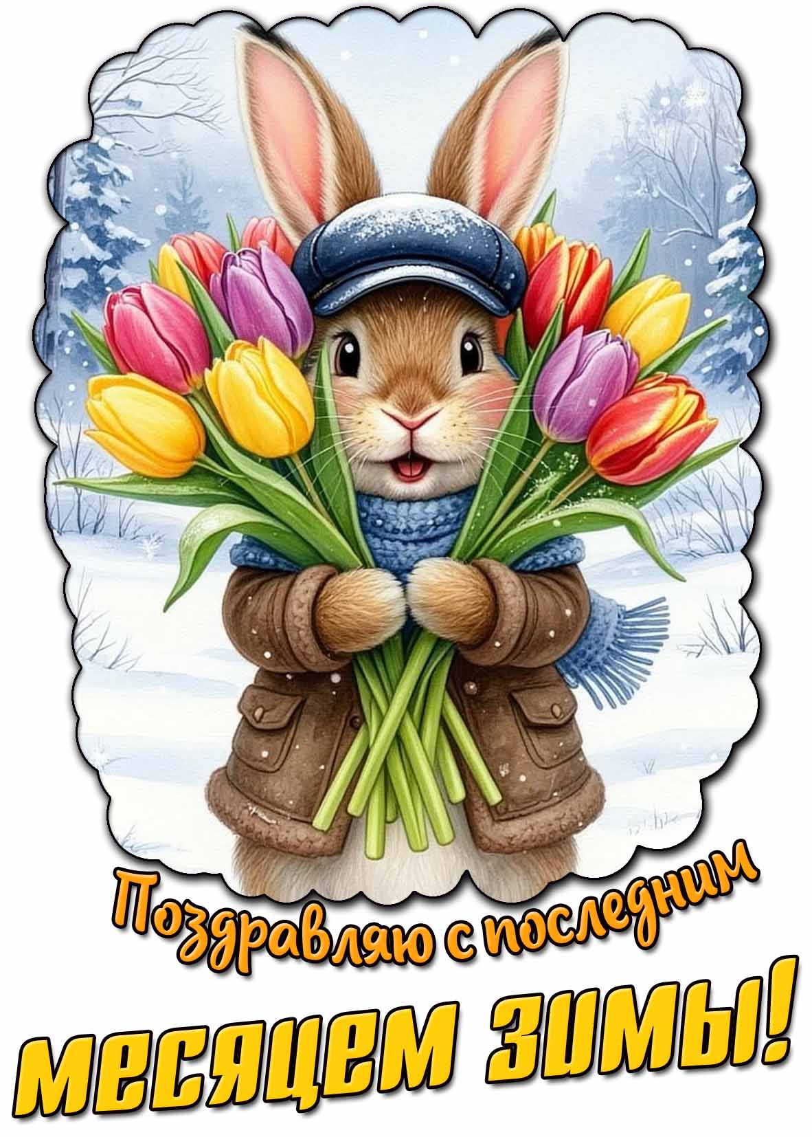 Прикольная открытка "Поздравляю с последним месяцем Зимы!"