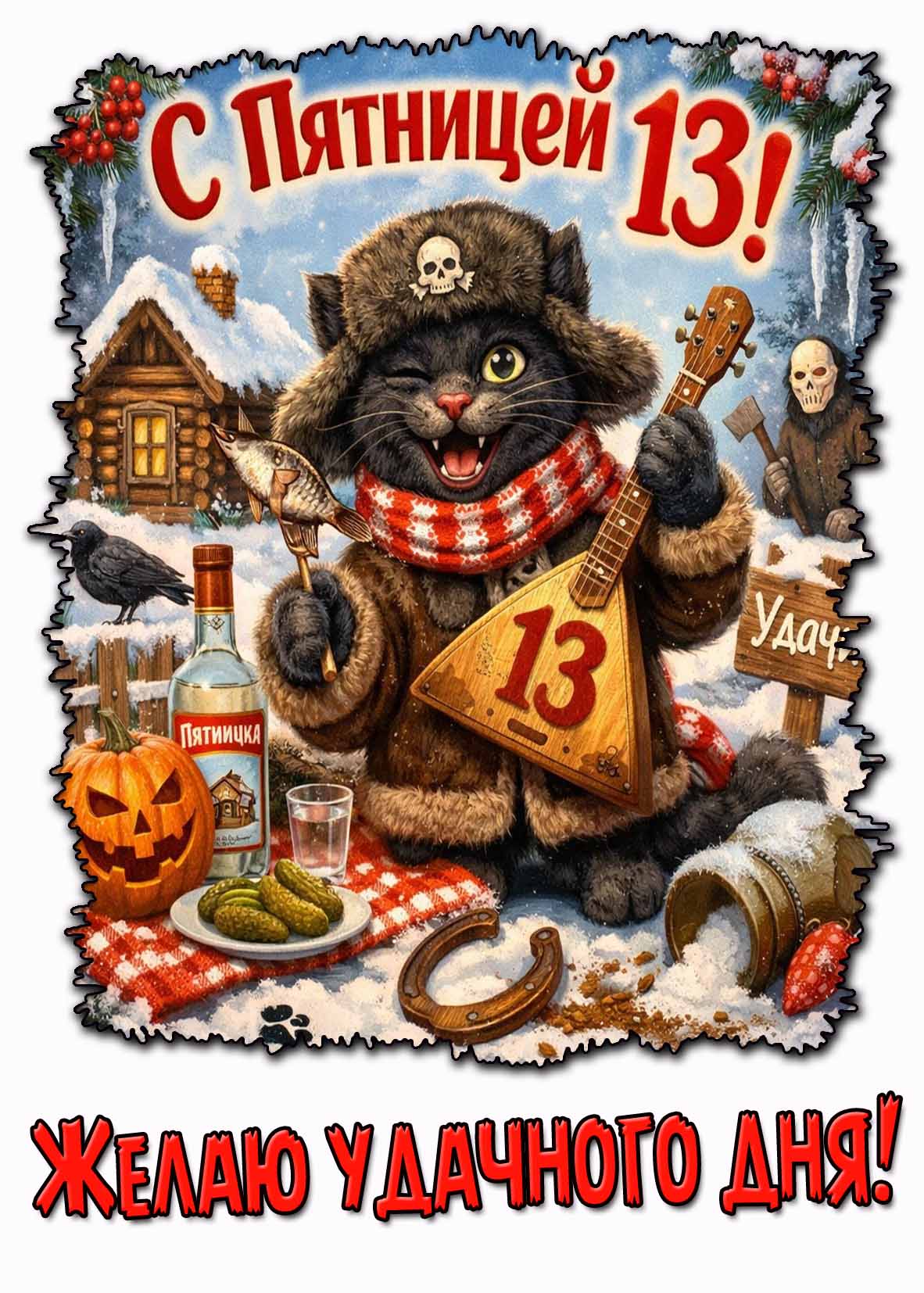 Прикольная зимняя картинка "С пятницей 13! Желаю удачного дня!"
