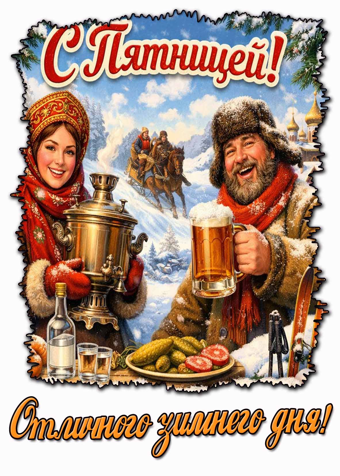 Красивая открытка с женщиной с самоваром и мужиком с пивом, чтобы поздравить : С пятницей! И пожелать : Отличного зимнего дня! Открытка "С пятницей! Отличного зимнего дня!"
